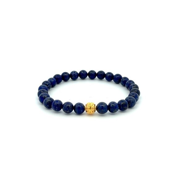 18K Gold Money Ball Lucky Bracelet Gemstones Lapis Lazuli 6mm - Picture 1 of 5